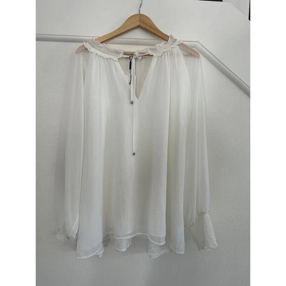 NWT Calvin Klein Womens 3X Blouse White Tie Neck Smocked Chiffon Romantic Fairy - Picture 1 of 15